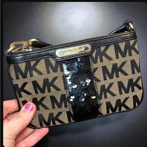 Michael Kors Wristlet with Black Sequined Strip-Tan and Black.